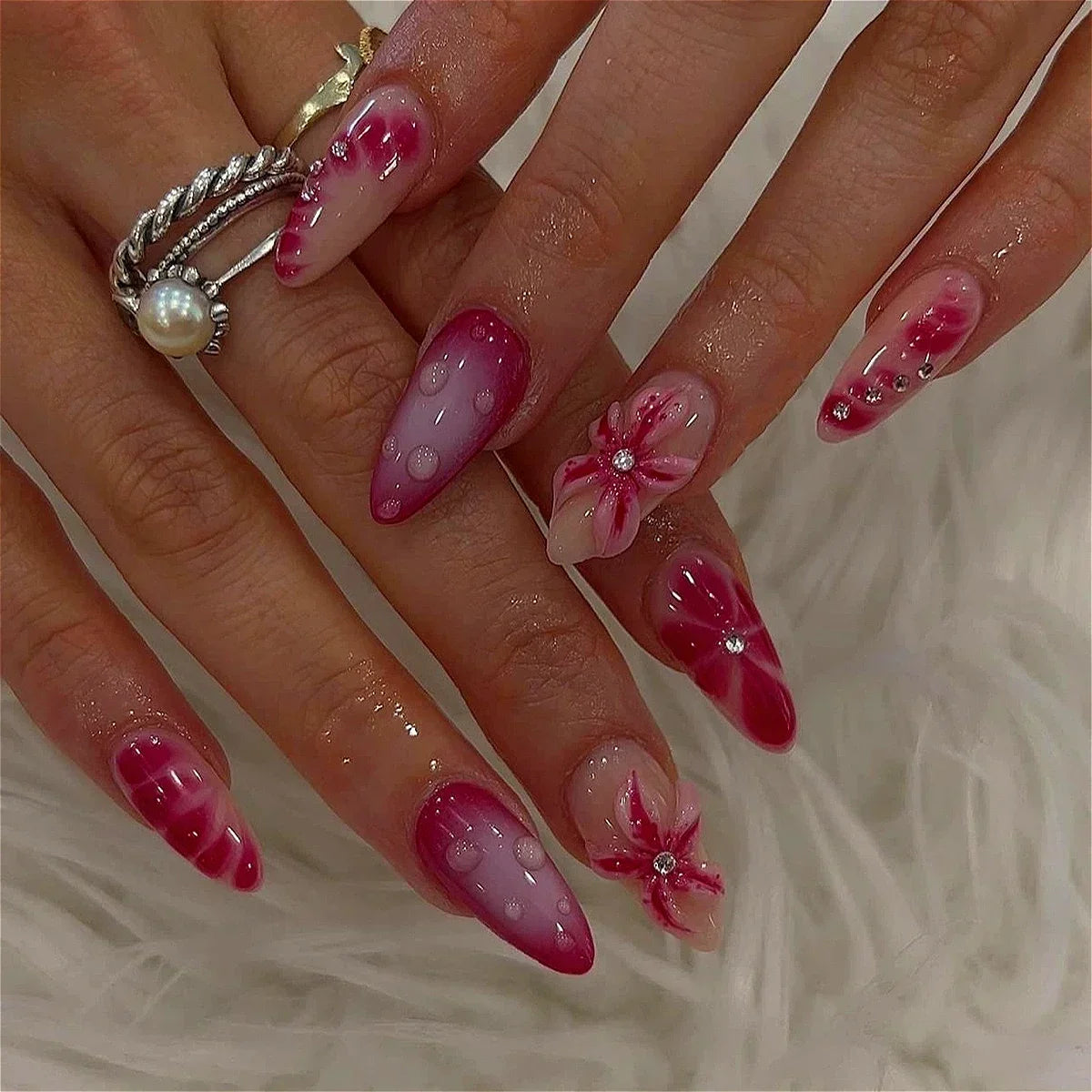 24Pcs Almond Press on Fake Nails Wearable Red Purple Blusher Halo Design False Nails Acrylic Full Over Simple Fashion Nail Tips