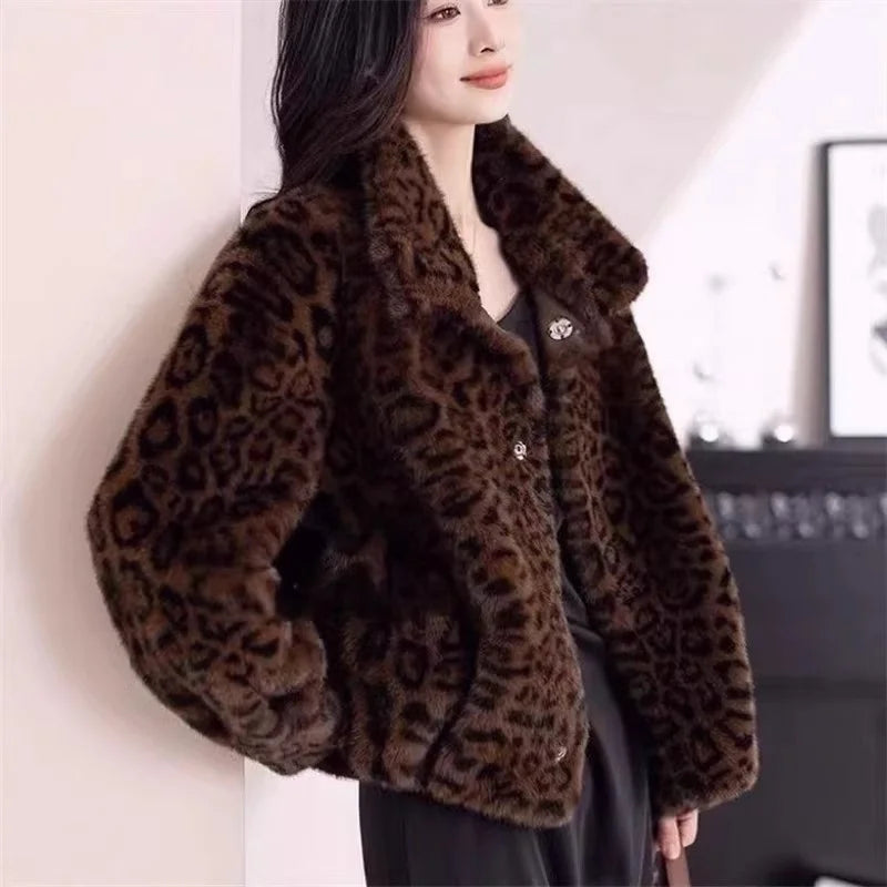 Leopard Print Fur Coat Women 2026 Autumn Winter Fashion Short Mink Jacket Thickened Warm Outerwear W1982