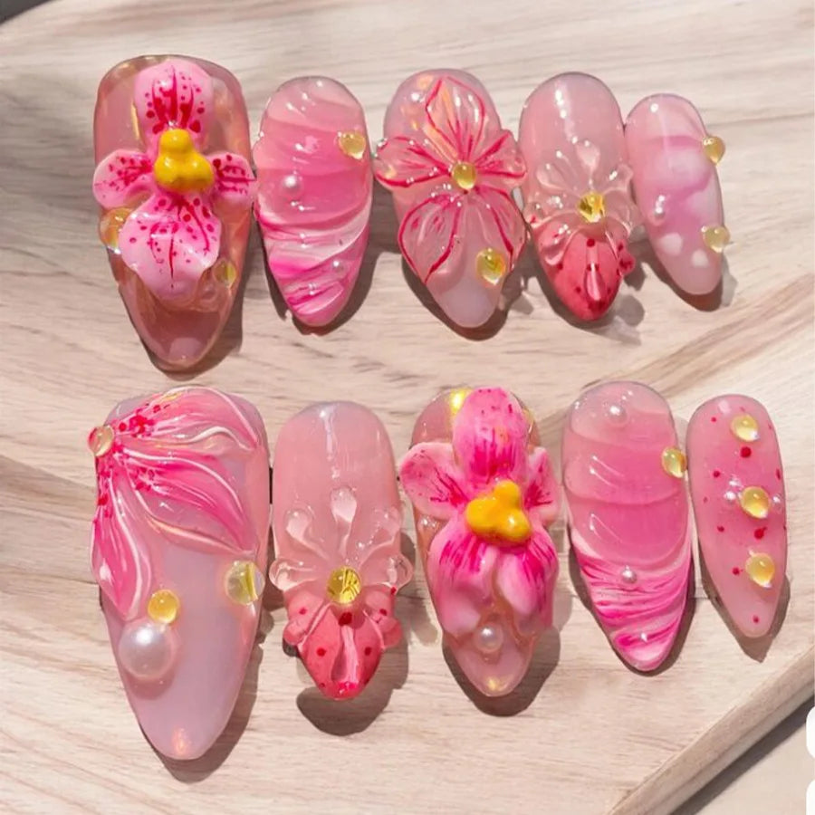 Almond 3D Flower Gradient Pearl Press-On Nails