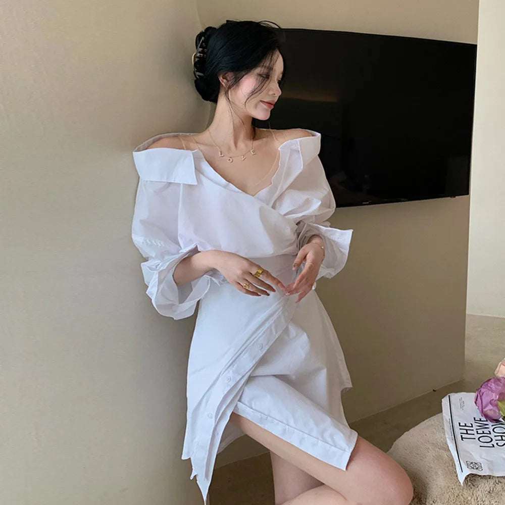 Elegant Korean Dress For Women V Neck Long Sleeve Off Shoulder High Waist Solid Mini Shirt Dresses Female Clothing 2023 Fashion