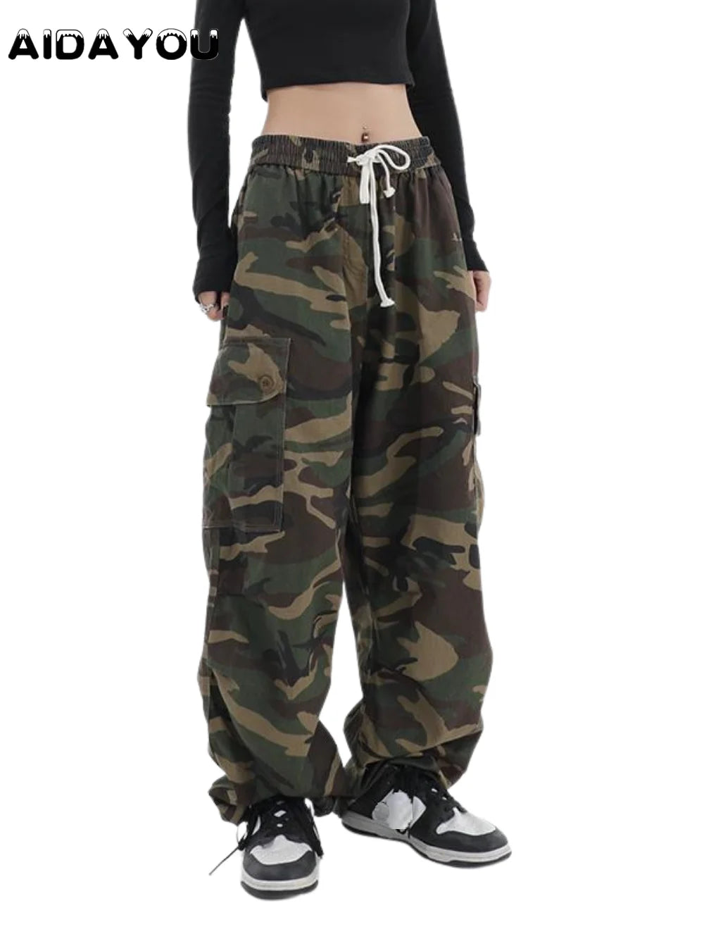 Women's Camo Pants Green  Military Army Combat Trousers Wide Leg Jeans Tactical Pants Camouflage Sweatpants Wide Leg Jeans