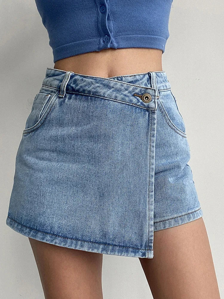 2026 Summer Women High Waist A-line Shorts Light Color Fake Two-piece Design Elegant Slimming Hot Girl Pants Denim Short Skirt