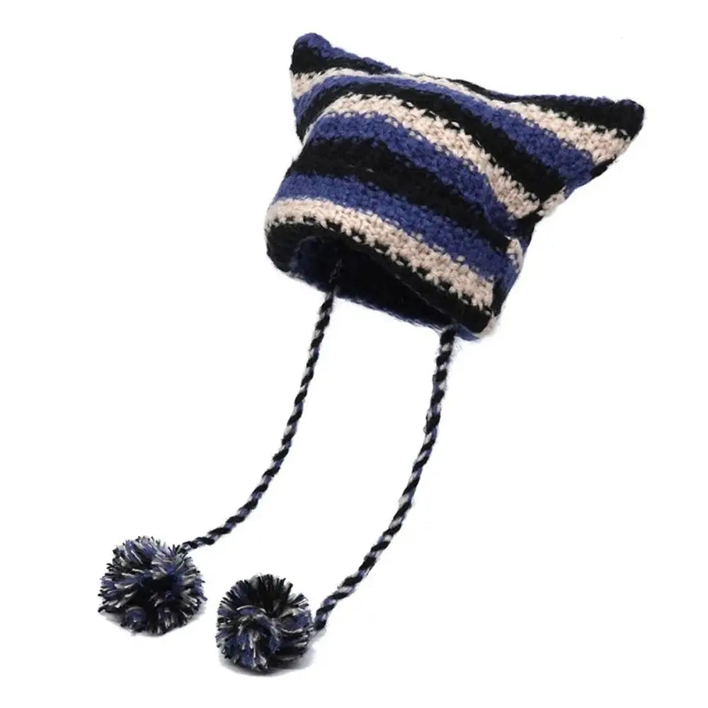 Fshion Y2K Knitting Striped Beanie Hat Cute Wool Hanging Ball Knitted Beanie Hat Cat Ears Pointed Pullover Hats Autumn Winter
