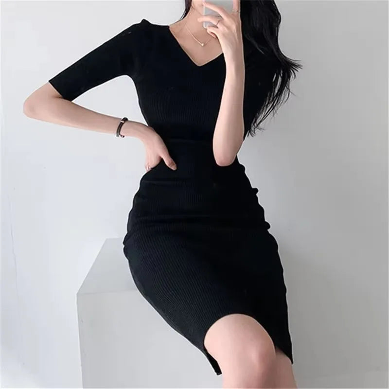 REALEFT Summer Women's Bodycon Dress 2025 New High Waist Black Korean Solid V-Neck Sheath Pencil Midi Wrap Dresses Female