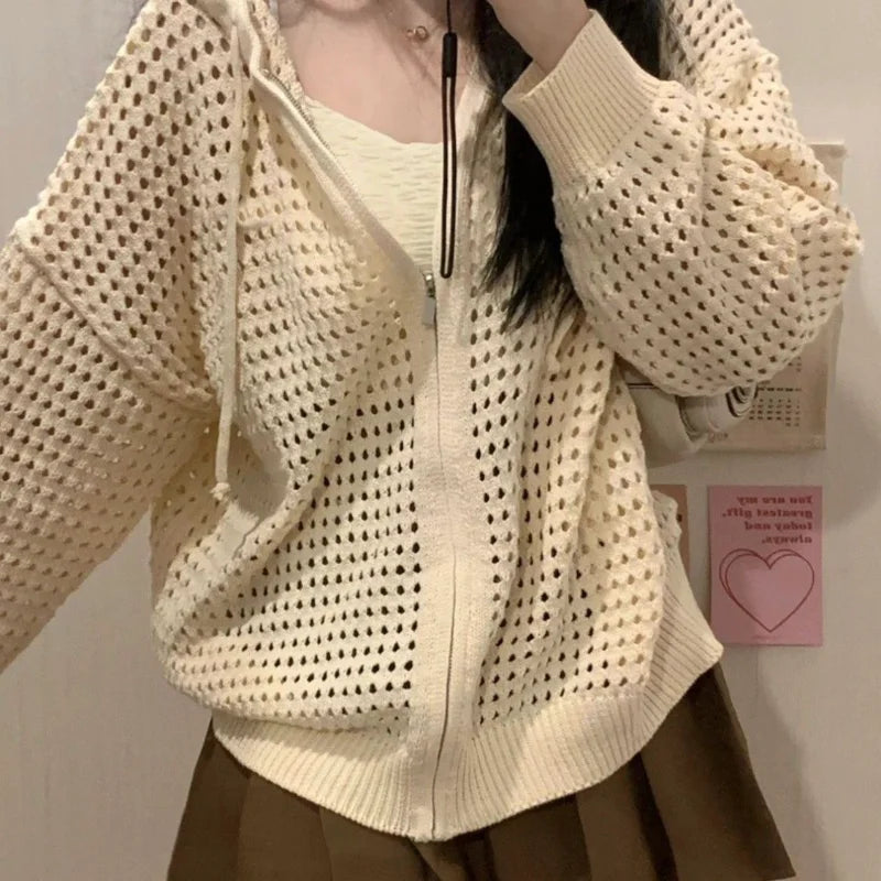 Hollow Knitted Sweater Design Hooded Loose Outer Thin Jacket Korean Spring Summer Zipper Cardigan Top for Women