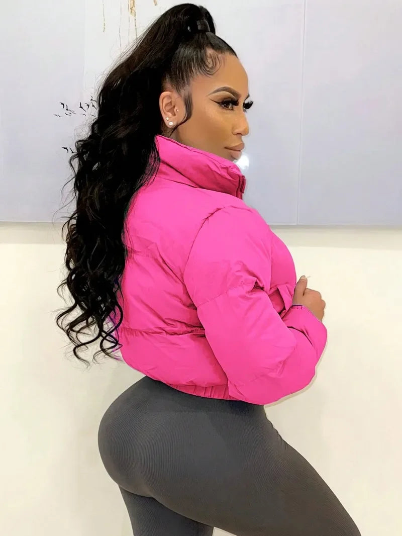 Women Solid Parkas Jackets Stand Collar Long Sleeve Zip-up Thick Warm Quilted Coats Fashion Casual Cotton Padded Outerwear
