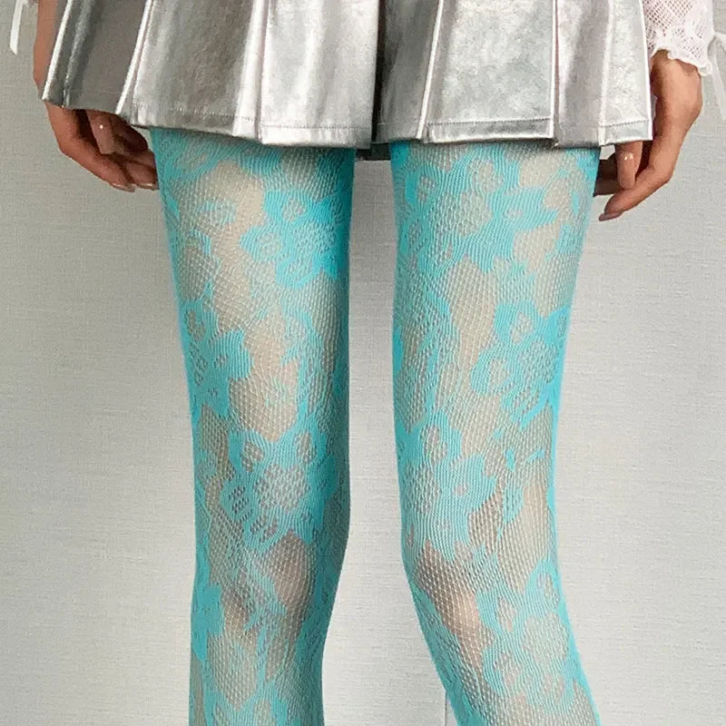Women Floral Lace Tights Summer Mesh Sexy Hollowed Out Thin and Breathable Retro Punk Y2k Pantyhose Individual Fishnet Stockings