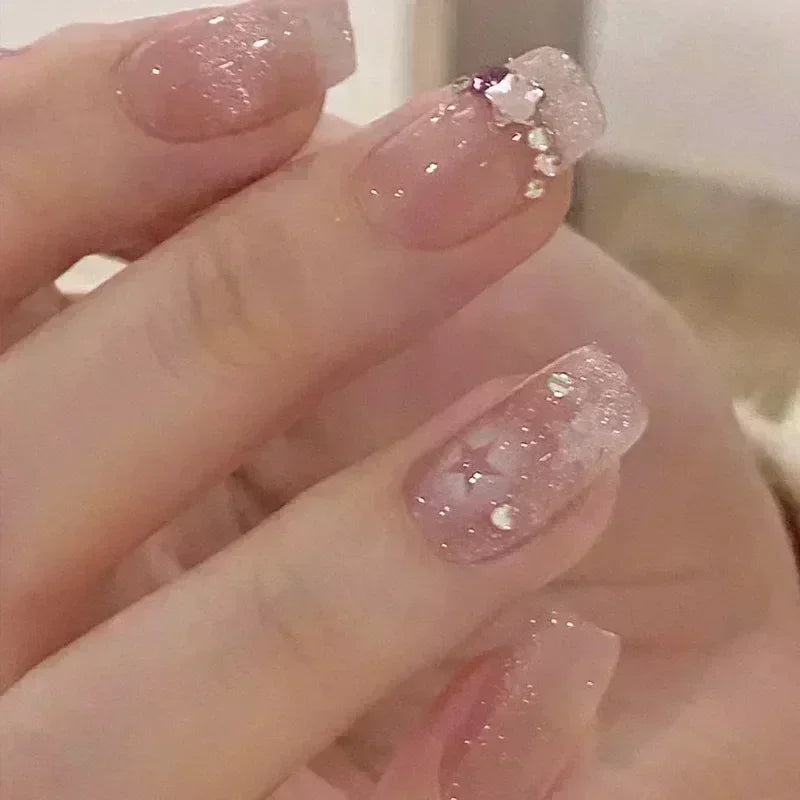 24pcs Cute Girly Short Square False Nails Sweet White French Nail Glitter Star Rhinestones Nail Art Cat Eye Bow Press On Nails
