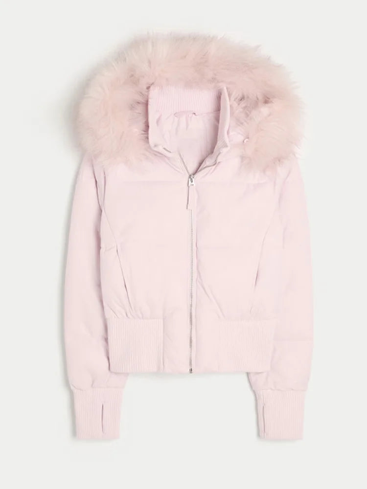 Chic Full Sleeve Zipper Pocket Cropped Jacket Fashion Women's Faux Fur Hooded Quilted Coat 2025 Winter New Lady Padded Outerwear