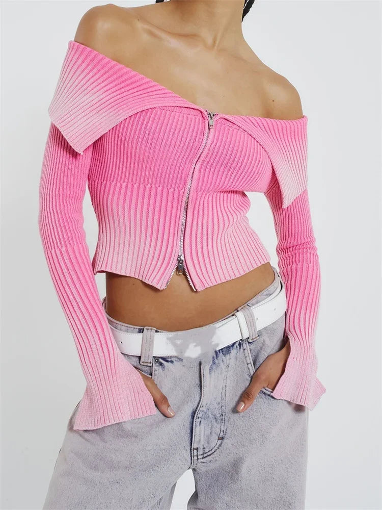 Lapel Gradient Print Long Sleeve Cardigan Crop Top for Women Off Shoulder Knitted Ribbed Zip Up Sweaters Jumpers 2024