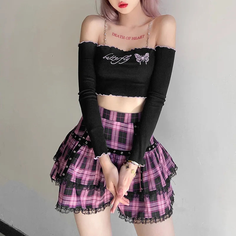 Mall Goth Gothic Lace Ruffle Mini Skirts Womens Harajuku Fairy Grunge Pink Plaid Pleated Skirt Japanese Lolita Streetwear