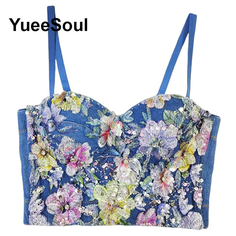 Denim Crop Tops Pearl Tassel Diamond Flower Blue Sleeveless Sexy Corset 2000s 2026 Summer New Y2K Party Evening Woman Clothes