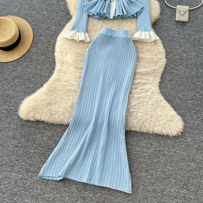 Elegant Colorblock Knitted 2 Piece Sets Women Outfit Spring Clothes Women Long Sleeve Top Mermaid Skirt Suit OL Style Dress Sets