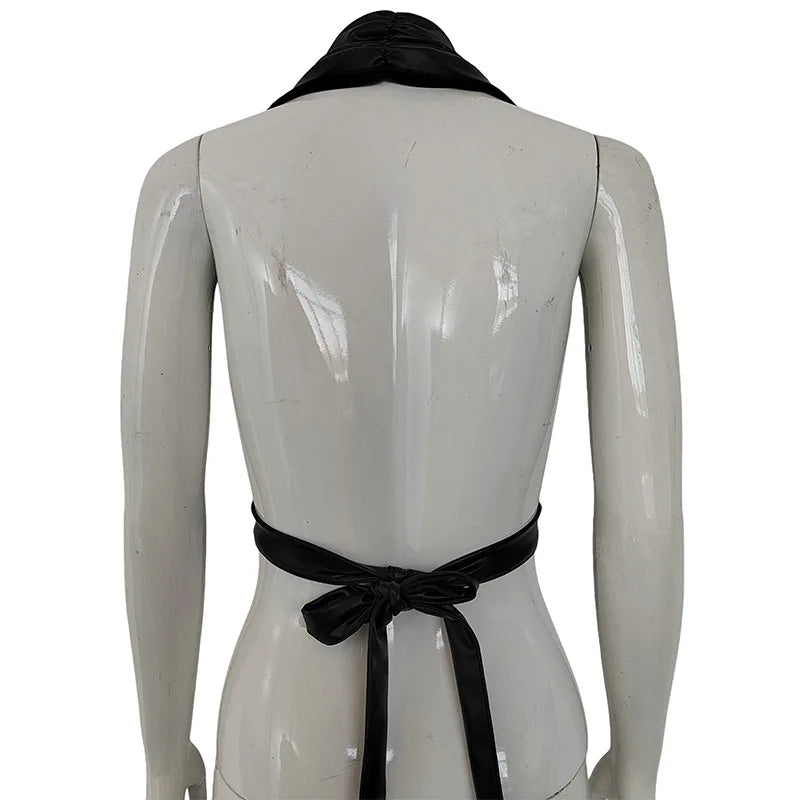 PU Leather Hollow Out Backless Halter Bandage Crop Tank Top | Inspired by Neslihan Atagül
