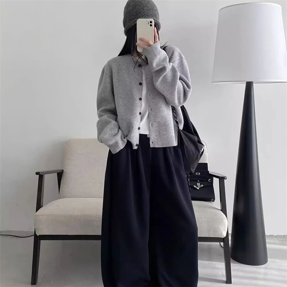 2026 New Women Cardigan Solid Single-breasted Loose Short Round Neck Off Shoulder Female Sweater Soft Autumn Winter Clothes Tops