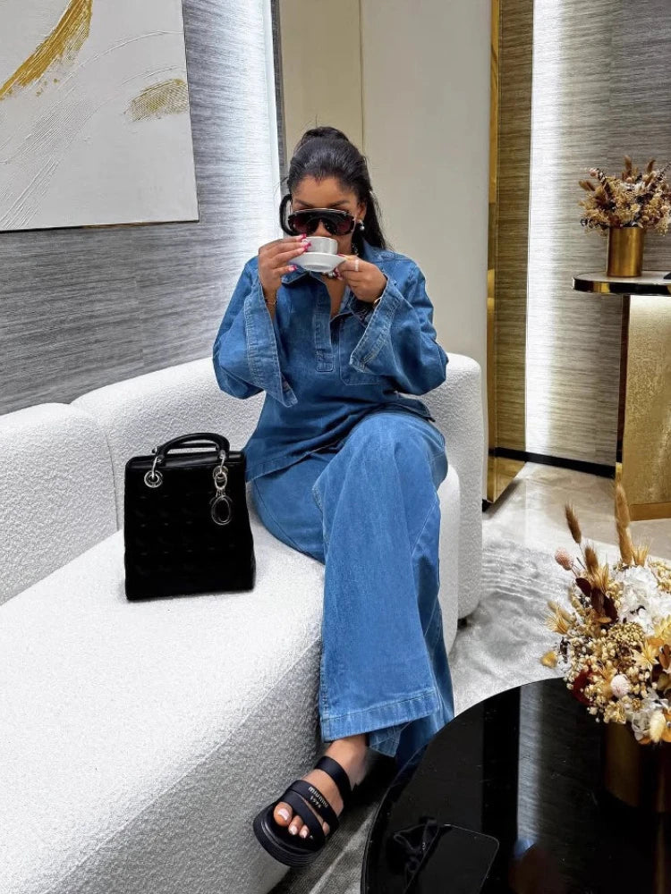 Denim Two-Piece Set (Shirt + Wide-Leg Pants) | Inspired by Hande Erçel