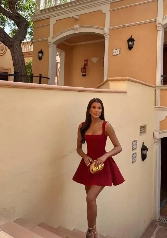 Women's Square Neck Suspender Dress, Slim Sleeveless Short Dresses, Chic Ladies Evening Party Robes, Sexy Red, Elegant, Summer,