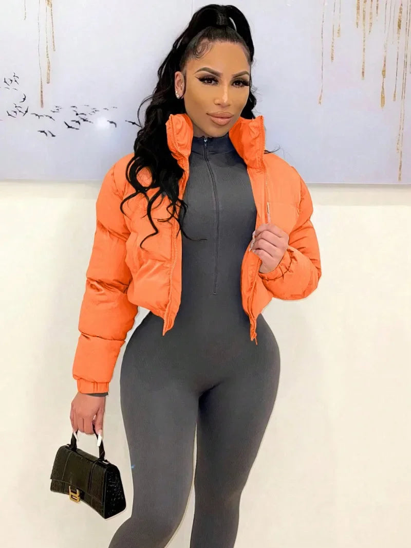 Women Solid Parkas Jackets Stand Collar Long Sleeve Zip-up Thick Warm Quilted Coats Fashion Casual Cotton Padded Outerwear