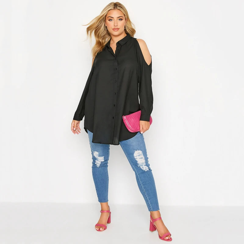 Plus Size Cold Shoulder Drop-Shoulder Long Sleeve Button-Front Office Blouse | Inspired by Beren Saat