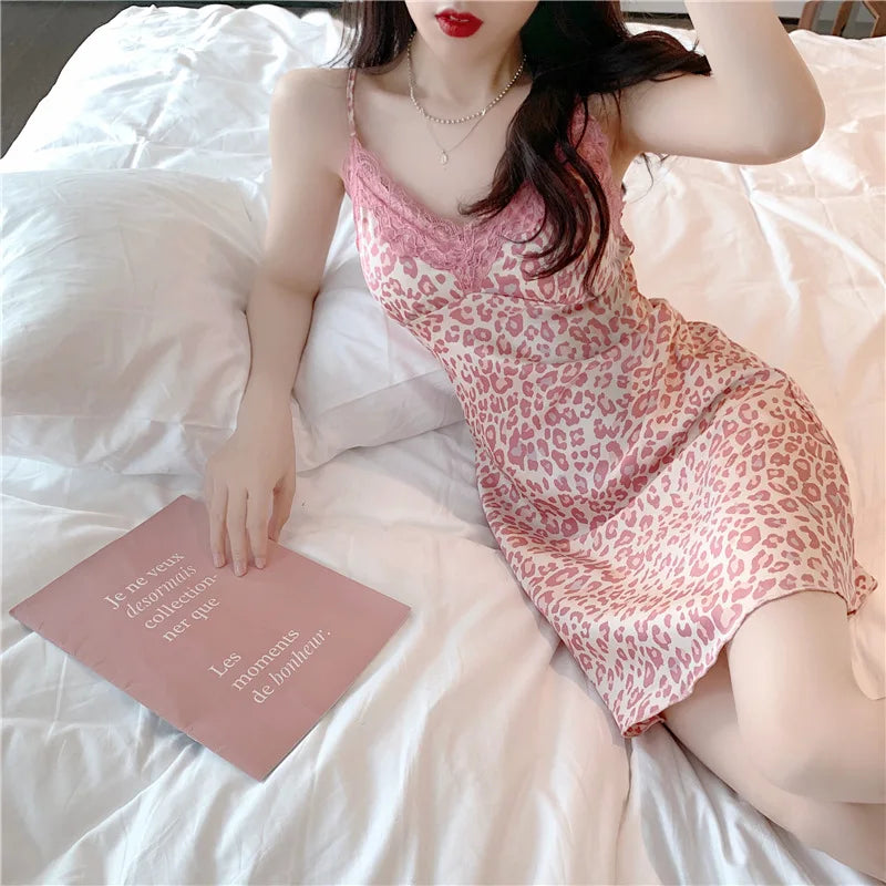 Summer Pink Leopard Print Sexy Slip Nightdress Lace Hollow Out Design Slimming Backless Nightwear For Women Home Sleepwear