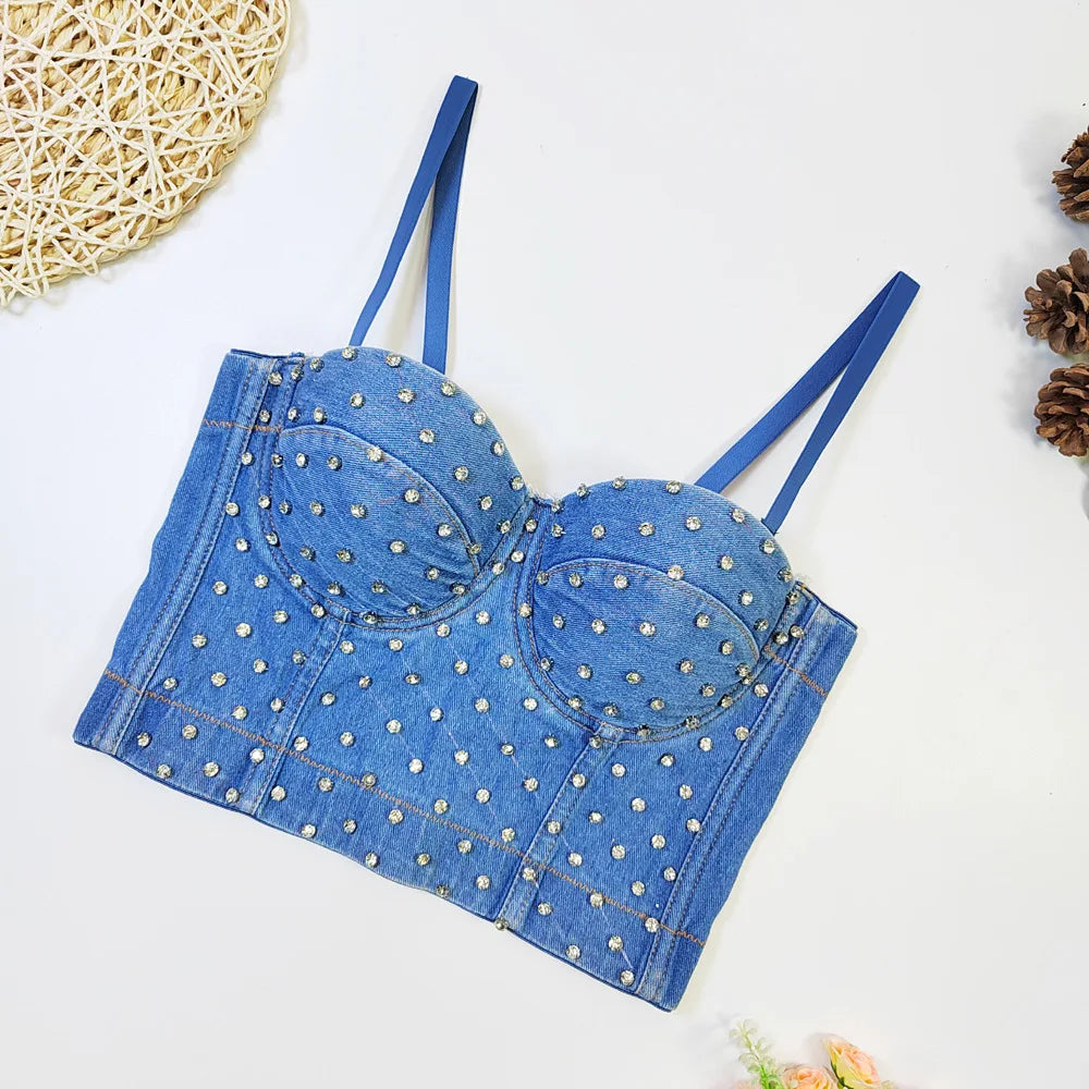 Women's New Denim Full Rhinestone Beaded Spaghetti Strap Bustier Soft Comfort Casual Trendy Versatile Slim Fishbone Crop Bra Top