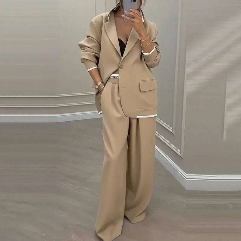 Women's Pants Suit Loose Solid Color Autumn Winter Commuting Long sleeved Lapel Top Wide leg Trousers Two piece Set Clothing