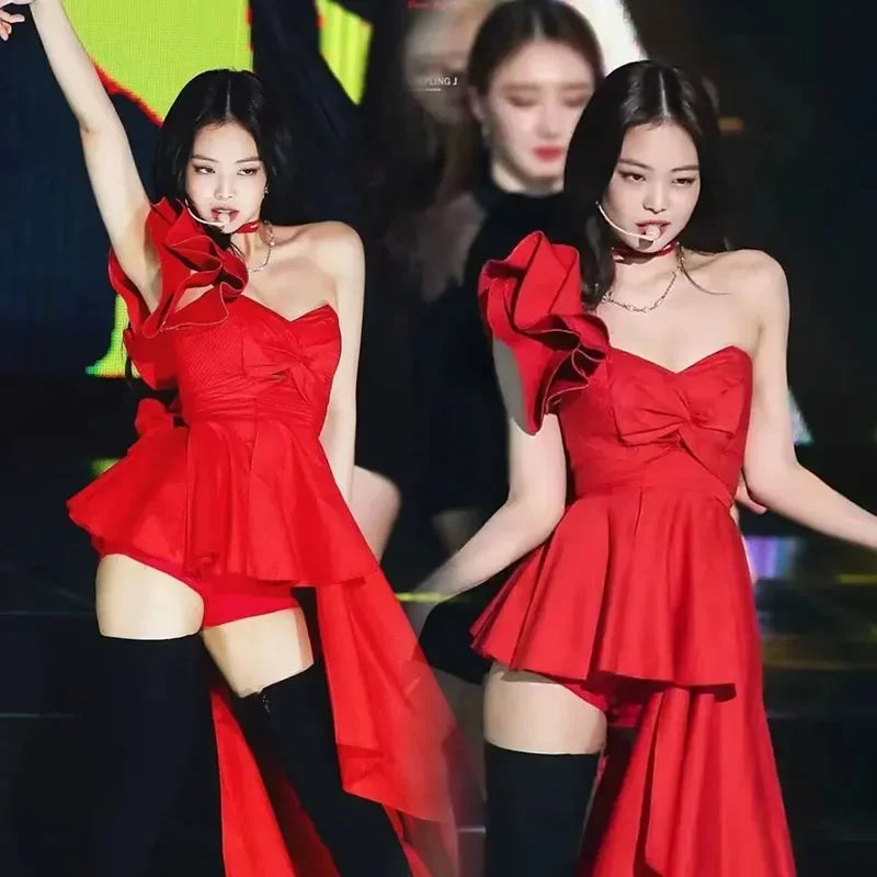 K-pop Jennie Stage Outfit Women Red Dress Concert Outfits Festival Women Clothing Secy Performance Costume Dropshipping