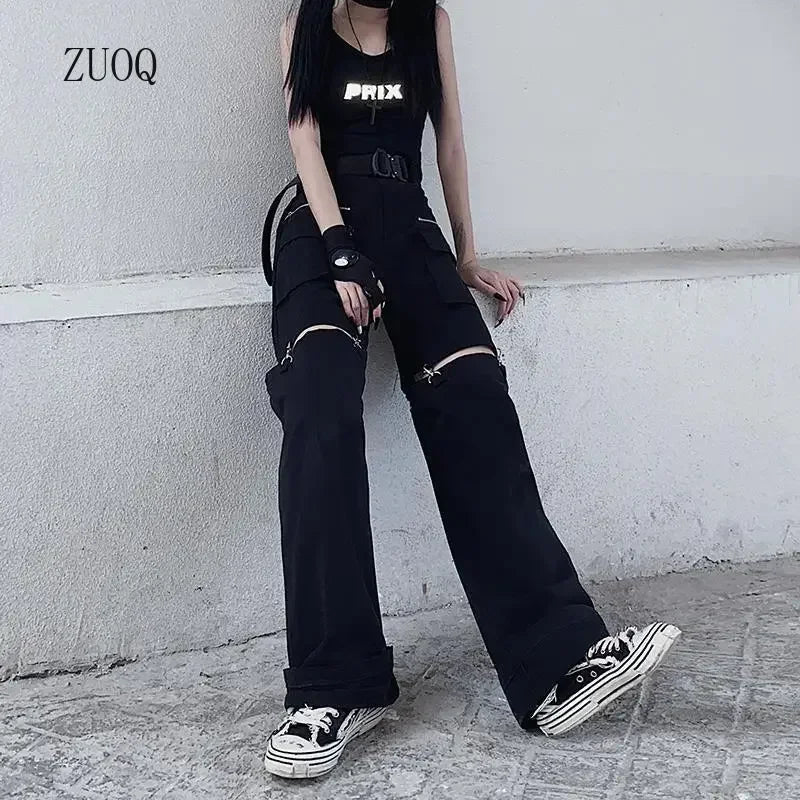 New Fashion Black Pants Women 2025 Detachable Casual Korean Cargo Wide Leg Pant Woman