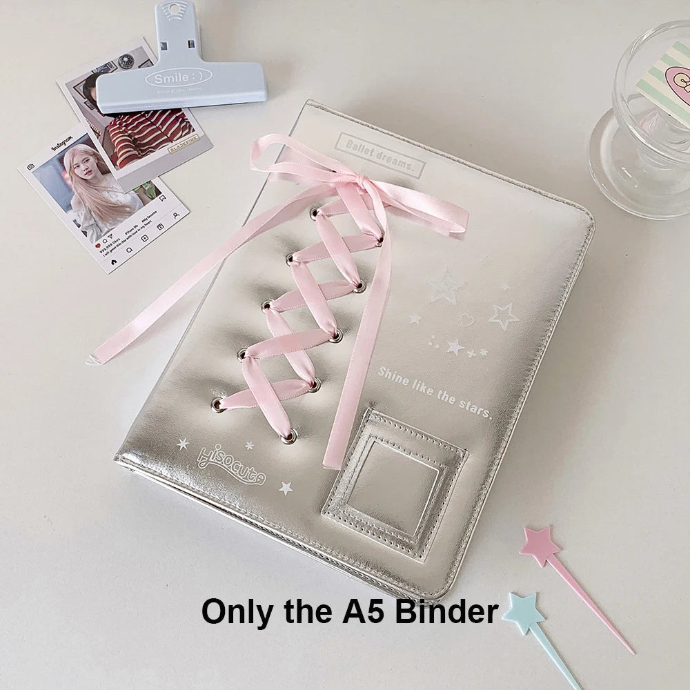 A5 A7 Silver PU Leather Photocard Binder Album Photos Cards Book Pink Bowtie Decor Instax Mini Collect Scrapbooking Scrap Album