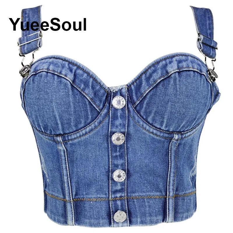 Denim Crop Tops Pearl Tassel Diamond Flower Blue Sleeveless Sexy Corset 2000s 2026 Summer New Y2K Party Evening Woman Clothes