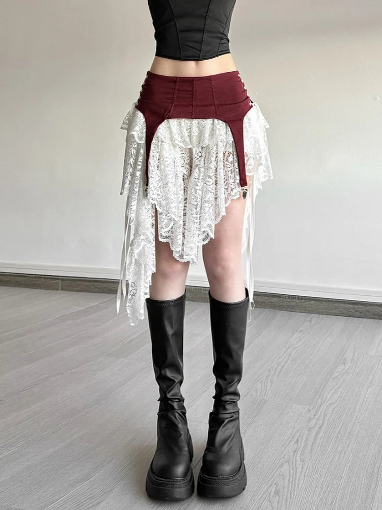 2026 Y2k Aesthetic Irregular Lace Mini Skirts Women High Waist Patchwork See Through Skirt Harajuku A-line Grunge Fairy Faldas
