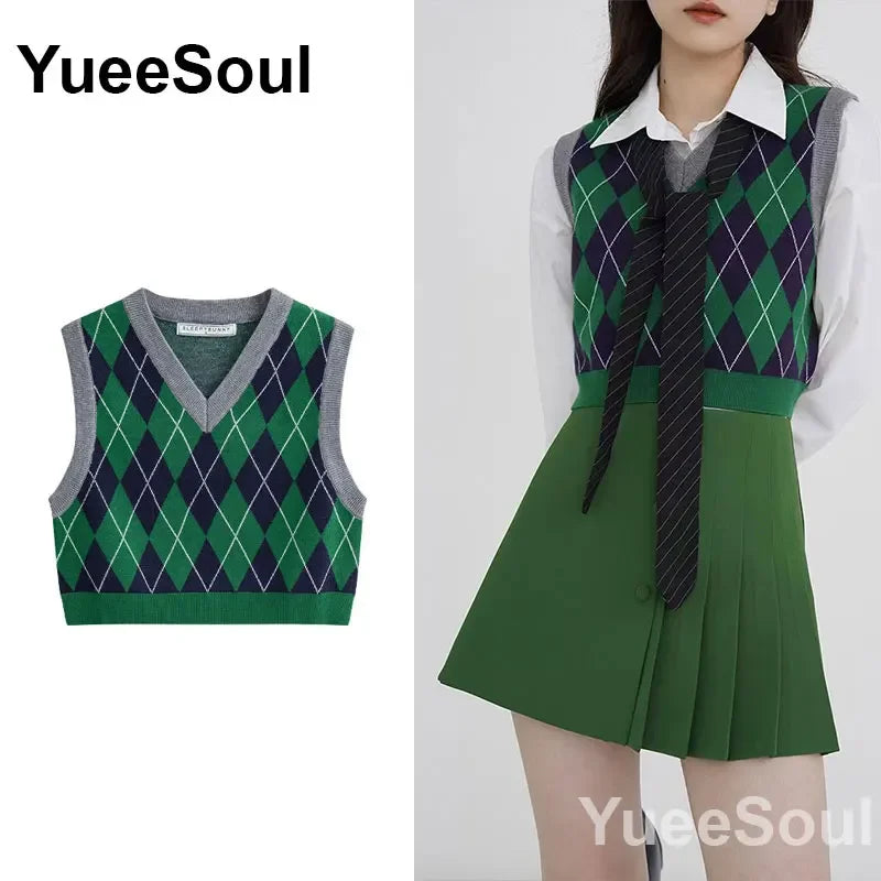 Vintage Knitted Women Sweater Vest American Y2K Aesthetic Sweet Cute 90s Slim Crop Waistcoat 2023 New Plaid Sleeveless Knitwears