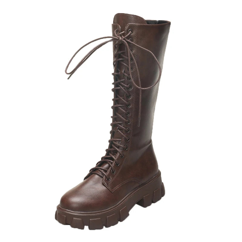 Aphixta 2025 Winter Shoes Women's Long High Boots Brown PU Leather Knee High Boots Female Fashion Lace Up Platform Botas Mujer