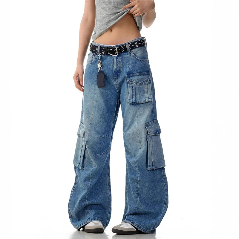 American Style Jeans Curved Knife Wide Leg Washed Worn-out with Multiple Pockets Men Loose Casual Floor Denim Jeans