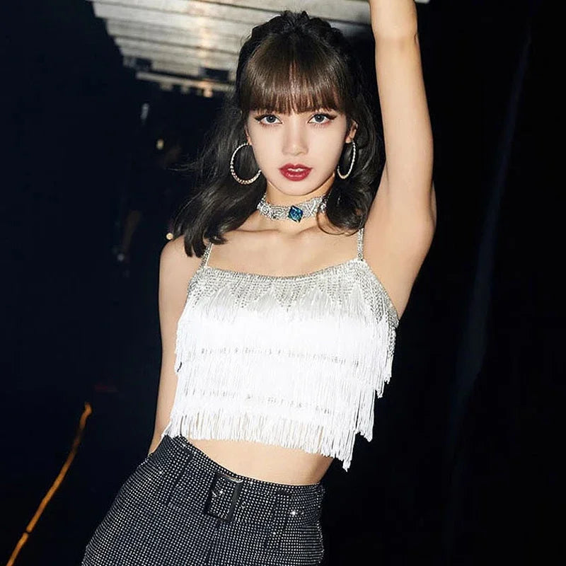 Kpop Girl Group LISA Jazz Dance White Vest Crop Tops Stage Costume Slim Tight Shorts Street Outfits Nightclub