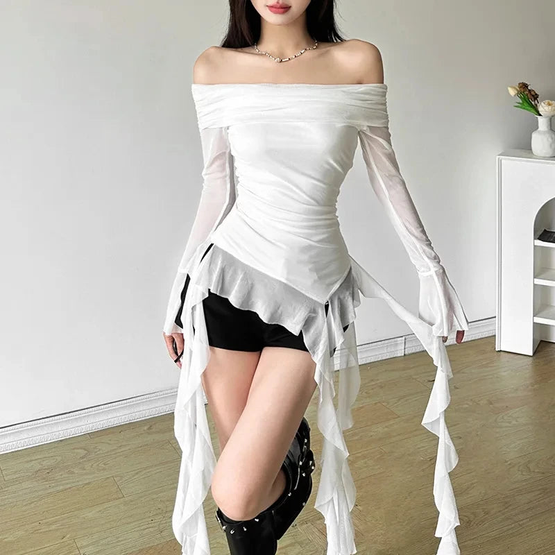 Y2K Slash Neck White T Shirt Women Sexy Streetwear Irregular Ruffles Black Mesh Crop Tops Gyaru Harajuku Grunge Long Sleeve Tees