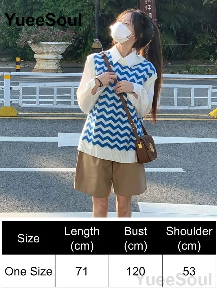 Blue Argyle Women's Vest Plaid Sleeveless Pullover Loose Knitted Sweater Vest 2026 New Autumn Y2K Casual Oversized Waistcoat