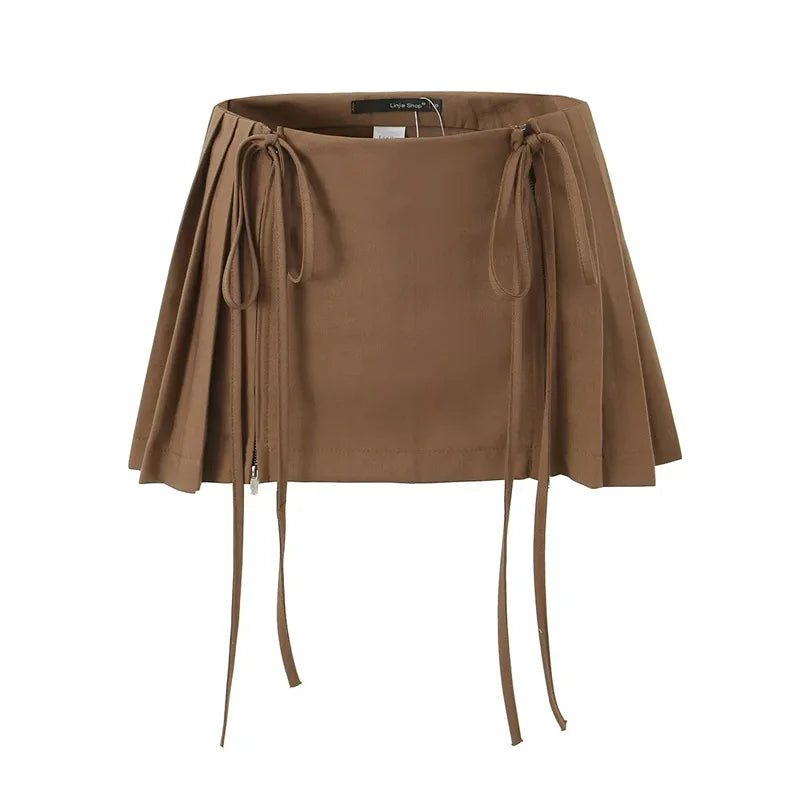 Sexy Lace Up Double Zipper Pleated Mini Skirt 2026 New Summer Fashion Elegant Women Low Waist Skirts Outfits Bottom Y2K