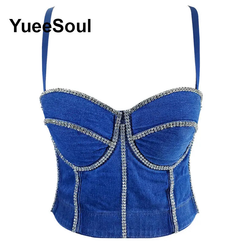Denim Crop Tops Pearl Tassel Diamond Flower Blue Sleeveless Sexy Corset 2000s 2026 Summer New Y2K Party Evening Woman Clothes