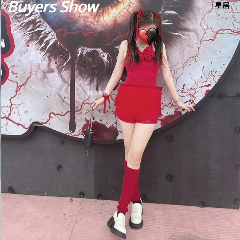 Kpop Korean Women Group Y2k Jazz Dance Costume Red Flower Halter Vest Crop Top Lace-Up Puffy Skirt Club Stage Performance Outfit