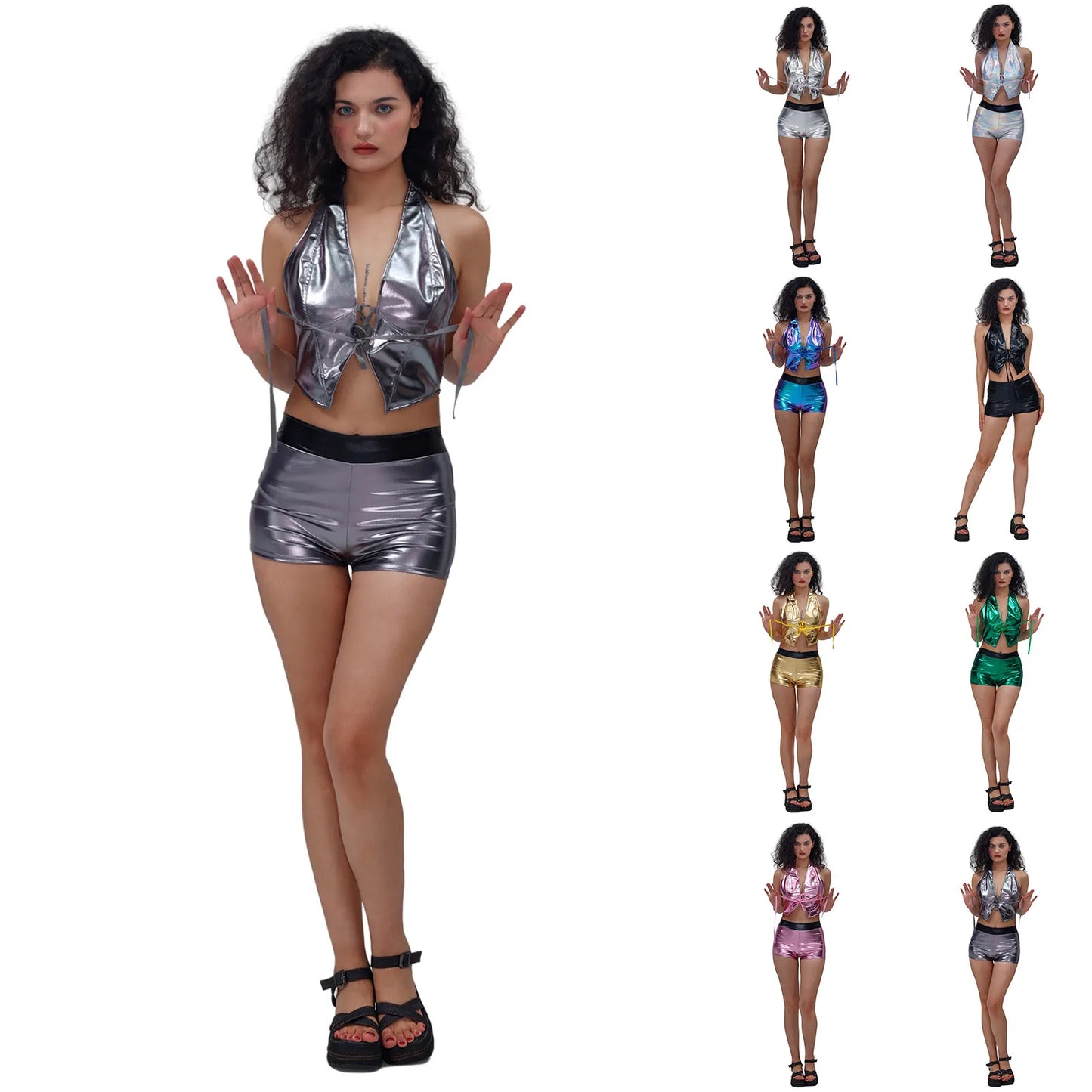 Women Glitter Tank Tops Sexy Backless Lace Up Party Club Metallic Shiny Crop Tops Low Waist Shorts Rave Festival Trendy Outfits