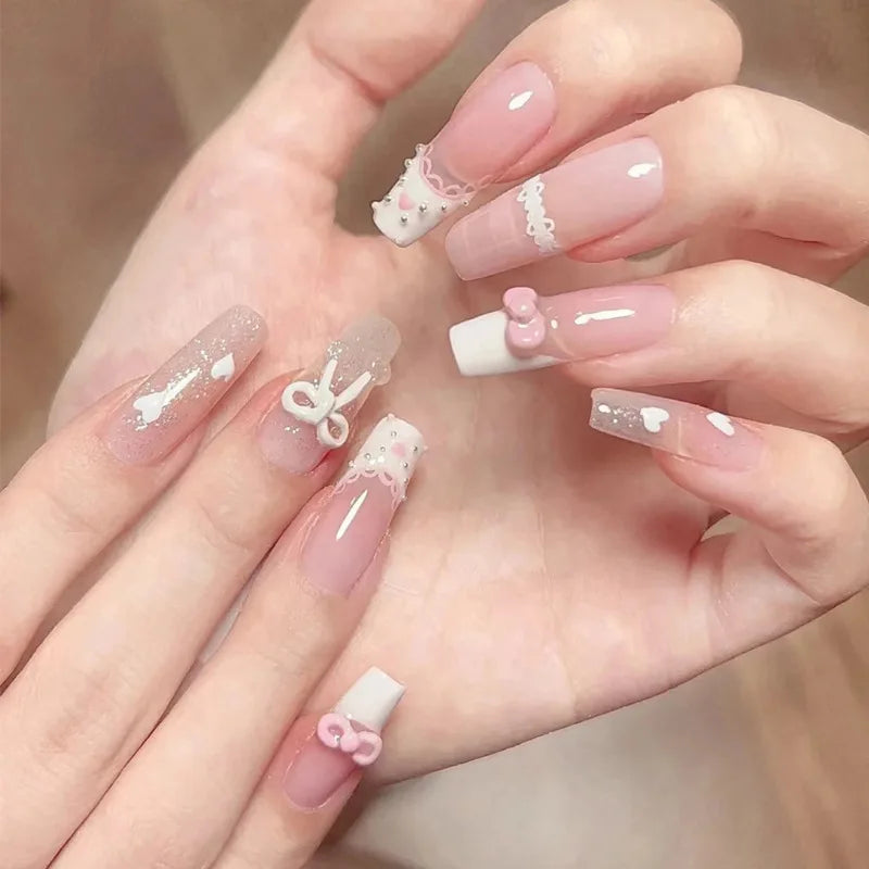 24pcs Cute Girly Short Square False Nails Sweet White French Nail Glitter Star Rhinestones Nail Art Cat Eye Bow Press On Nails