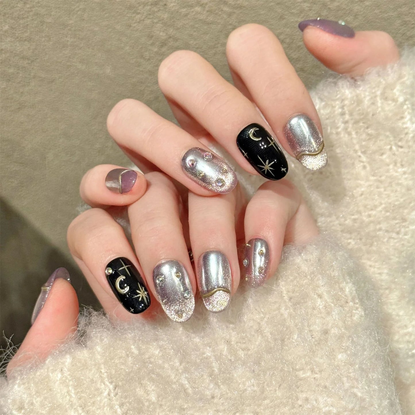 10pcs Sweet Stars Bow Handmade Fake Nails Press on Nails Gentle Cat's Eye Fake Nails French Tips Detachable Wedding False Nails