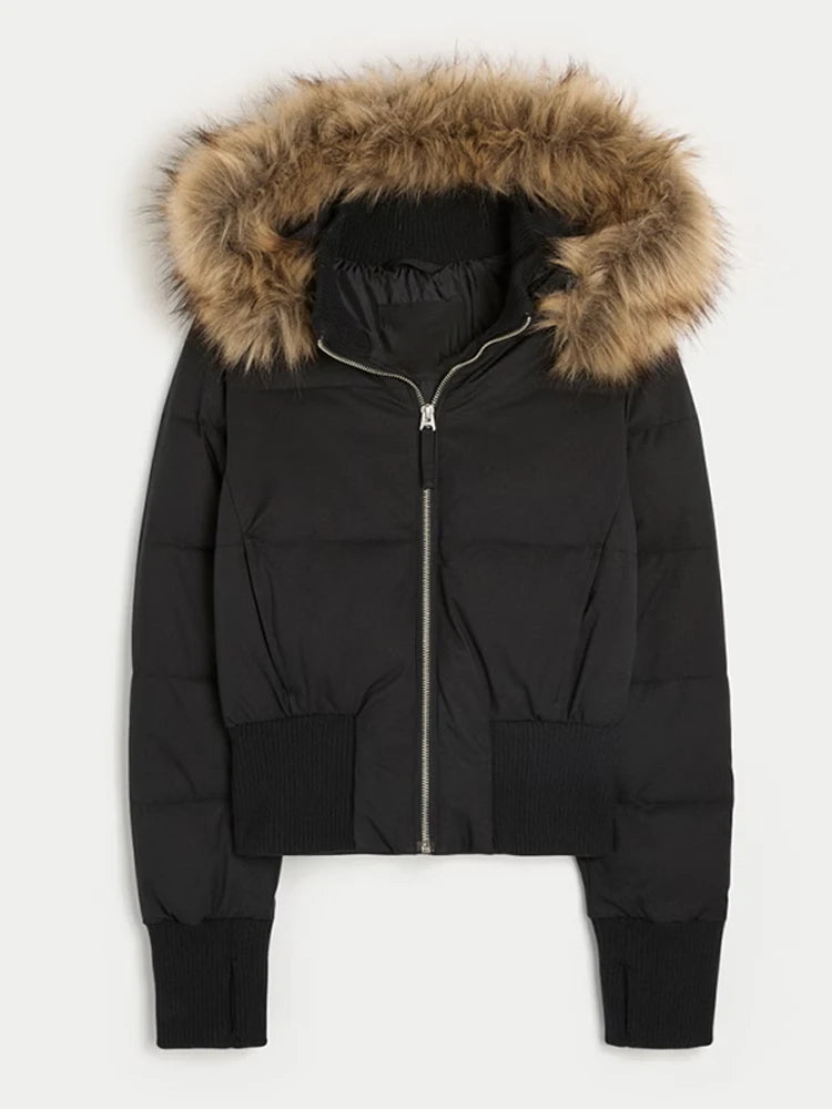 Chic Full Sleeve Zipper Pocket Cropped Jacket Fashion Women's Faux Fur Hooded Quilted Coat 2025 Winter New Lady Padded Outerwear