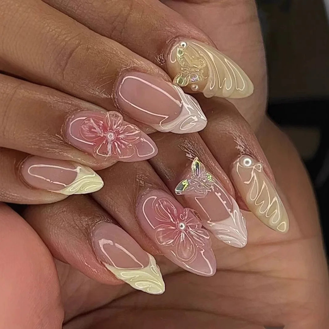 24Pcs Almond Press on Fake Nails Wearable Red Purple Blusher Halo Design False Nails Acrylic Full Over Simple Fashion Nail Tips