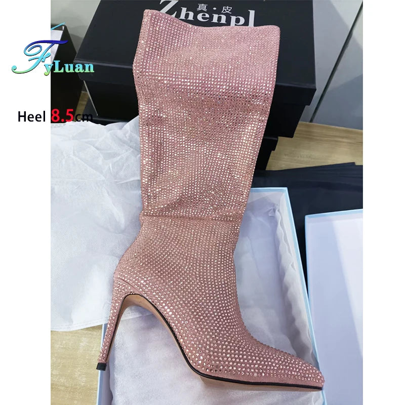 Gorgeous Rhinestones Boots Full Crystal Diamond Star Stage Shoes Women Pointy Knee-high 8.5CM Thin Heel Glitter Party Long Boots