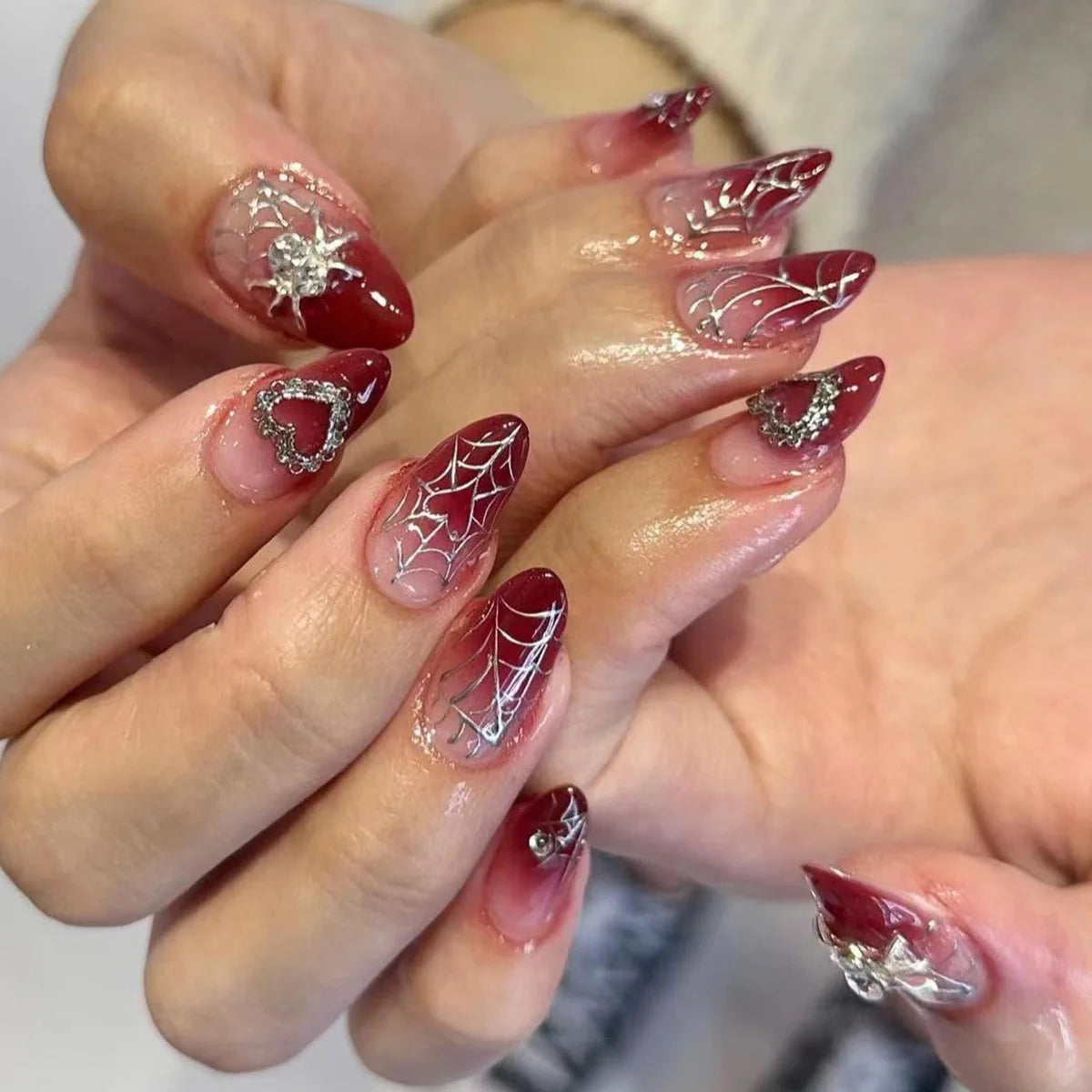 24Pcs Almond Press on Fake Nails Wearable Red Purple Blusher Halo Design False Nails Acrylic Full Over Simple Fashion Nail Tips