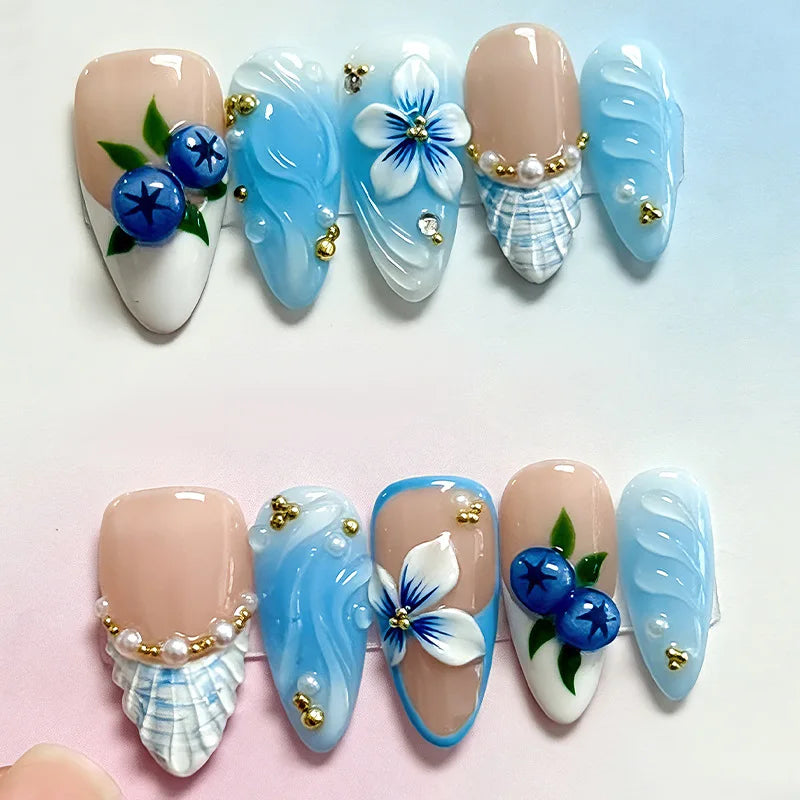 30Pcs False Nails Summer Ocean Style with Cool 3D French Tips High-Quality Press-On Nails Perfect As A Gift for Girls and Friend