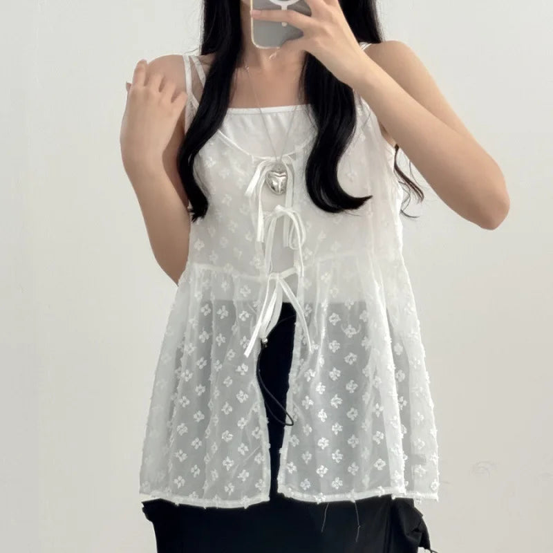 Korean Chic Mesh See Through Layering Camisole Solid V Neck Lace Up Spaghetti Strap Vest Summer Fashion Design Transparent Top