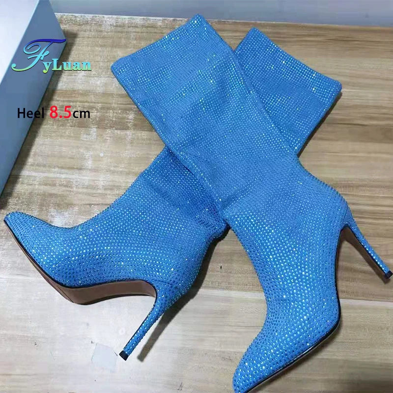 Gorgeous Rhinestones Boots Full Crystal Diamond Star Stage Shoes Women Pointy Knee-high 8.5CM Thin Heel Glitter Party Long Boots